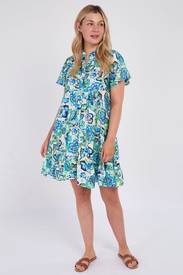 Blue Bloom Ruffle Hem Mini Shirt Dress