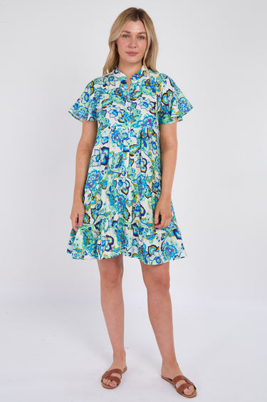 Blue Bloom Ruffle Hem Mini Shirt Dress
