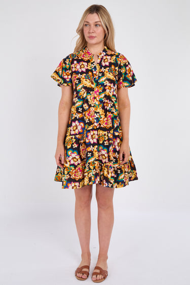 Black Bloom Print Ruffle Hem Mini Shirt Dress