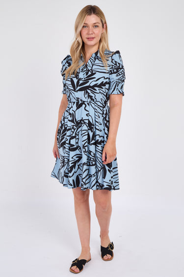 Powder Blue Leaf Print Mini Dress