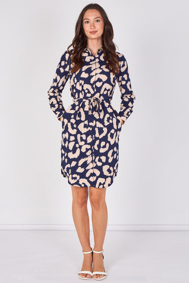 Navy Leopard Print Mini Shirt Dress