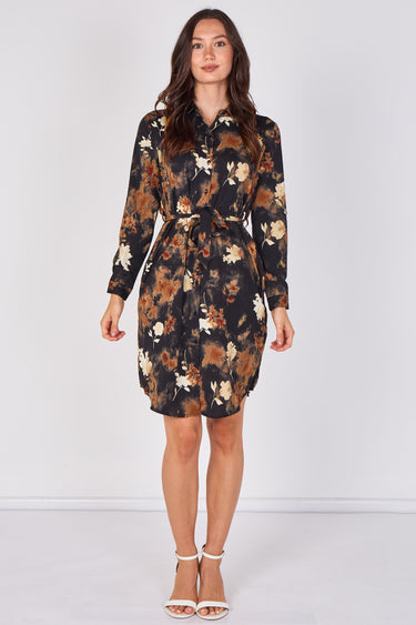 Black Rust Floral Print Tie Waist Shirt Dress