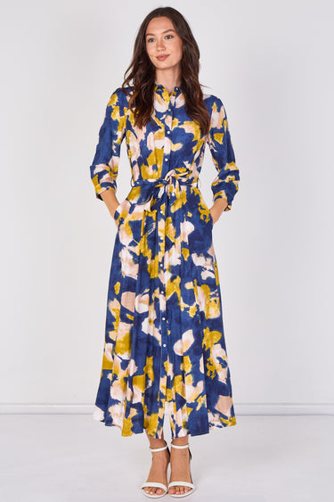 Love Sunshine Navy Abstract Print Tie Waist Maxi Shirt Dress Belted Dress Day to Night Long Sleeve Maxi Dress NEW IN Occasionwear Shirt Dress