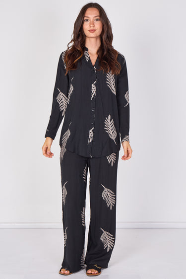 Love Sunshine Black Leaf Print Shirt & Wide Leg Trouser Set Co ord sets LS-5002 LS-5002&9057 LS-9057