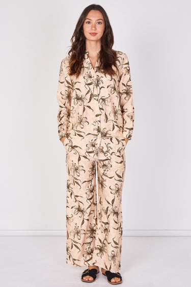Love Sunshine Beige Lily Print Shirt and Trouser Set Co ord sets LS-5002 LS-5002&9057 LS-9057