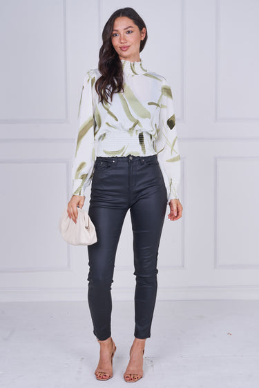 Sage Brushstroke Smocked High Neck Blouse