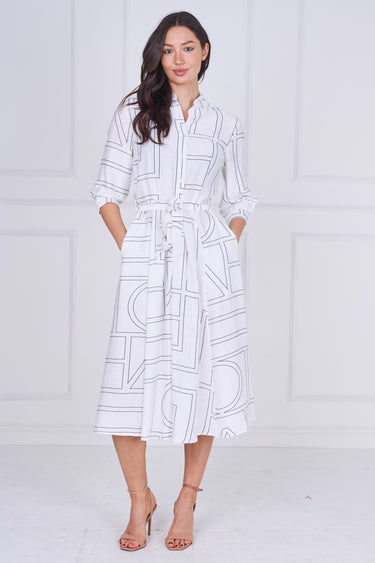 White Contemporary Line Print Shirt Dress