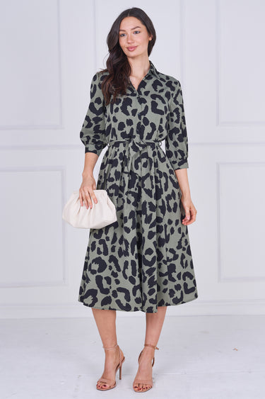 Khaki Leopard Print Half Sleeve Midi Shirt Dress