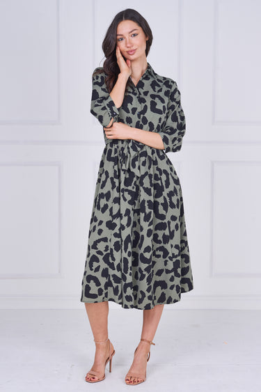 Khaki Leopard Print Half Sleeve Midi Shirt Dress