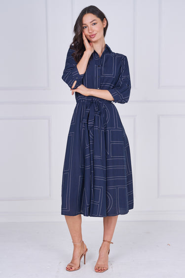 Navy Contemporary Line Print Shirt Dress