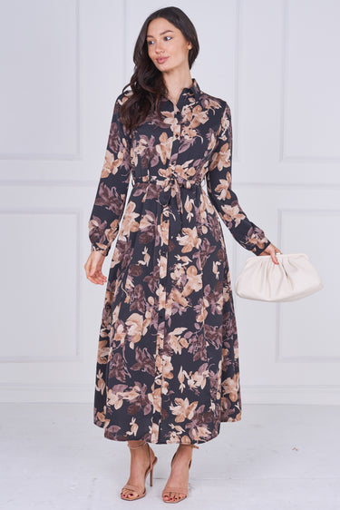 Charcoal and Mocha Floral Belted Midaxi Shirt Dress