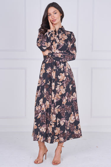 Charcoal and Mocha Floral Belted Midaxi Shirt Dress