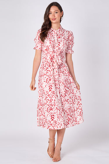 Red Leaf Print Tie Waist Midi Dress