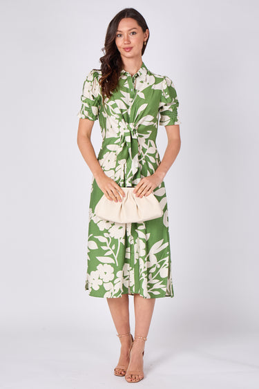 Green Floral Print Tie Front Midi Dress