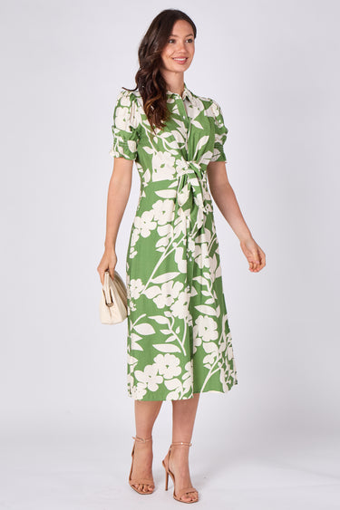 Green Floral Print Tie Front Midi Dress