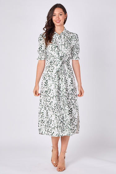 Green Leaf Print Tie Waist Midi Dress