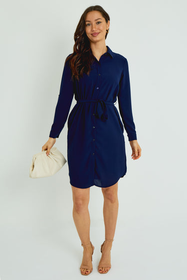 Navy Button-Front Mini Shirt Dress