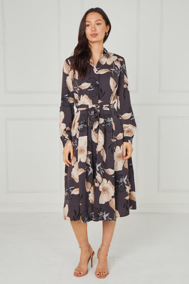 Dark Charcoal Floral Print Midi Shirt Dress