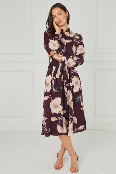 Maroon Floral Print Midi Shirt Dress