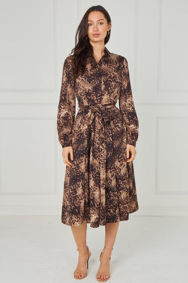 Brown Leopard Smudge Print Midi Shirt Dress