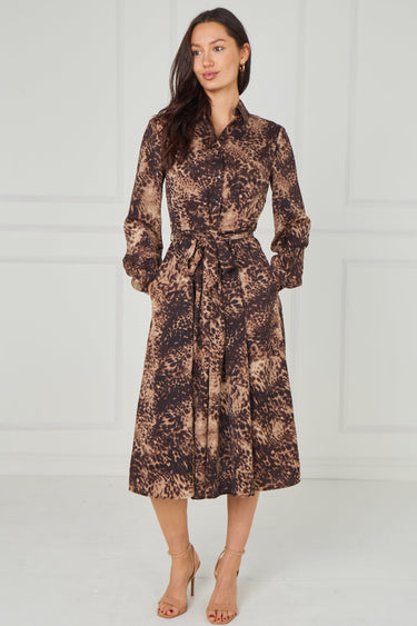 Brown Leopard Smudge Print Midi Shirt Dress