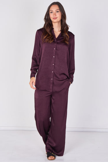 Love Sunshine Plum Satin Shirt & Wide Leg Trouser Co-ord Set Co ord sets LS-5002 LS-5002&9057 LS-9057