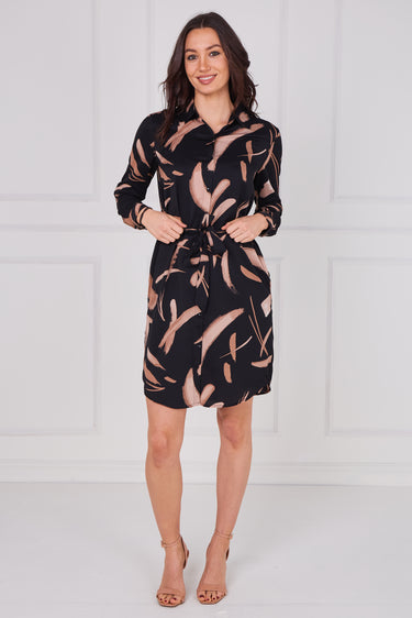 Black and Caramel Painterly Print Belted Shirt Dress