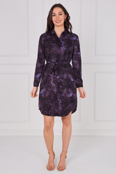 Midnight Plum Animal Print Belted Shirt Dress