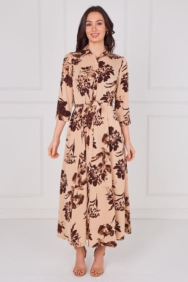 Mocha Bloom Print Belted Maxi Shirt Dress