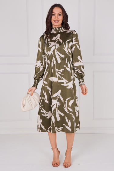 Olive Whisper Floral Shirred Neck Midaxi Dress