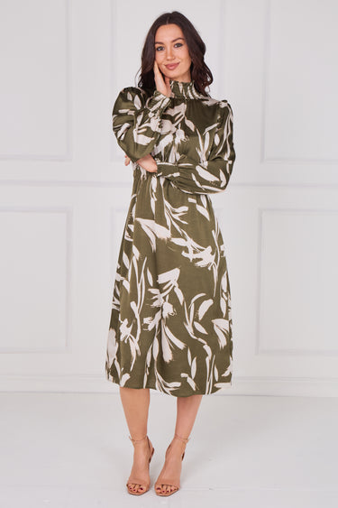 Olive Whisper Floral Shirred Neck Midaxi Dress