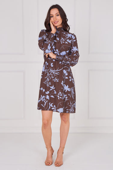 Chocolate and Powder Blue Floral Shirred Neck Dress