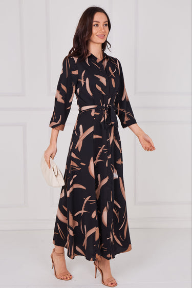 Copper Painterly Print Belted Maxi Shirt Dress