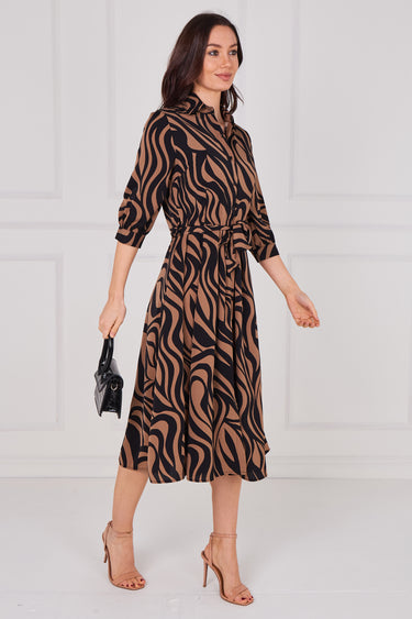 Tan Swirl Print Half Sleeve Midi Shirt Dress
