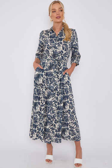 Navy Leaf Print Cream Maxi Shirt Dress