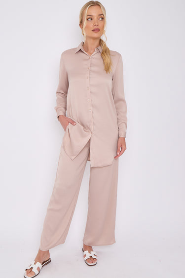 Champagne Crepe Satin Co-ord Shirt and Trousers Set