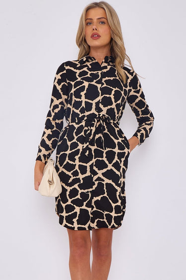 Love Sunshine Cream Giraff Print Mini Shirt Dress auto-20 Brunch Dress Casual Dress Dress with Pockets Dresses Everyday Dress Leopard Print Dress Long Sleeve Dress LS-5026 Workwear Dress