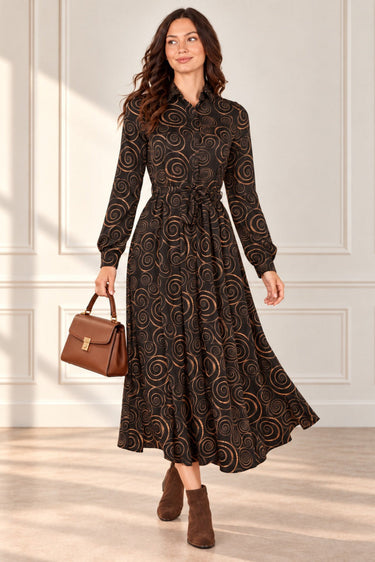 Love Sunshine Black & Camel Spiral Print Belted Midi Shirt Dress Brunch Dress Casual Dress DB Dress with Pockets Dresses Everyday Dress Garden Party Dress Long Sleeve Dress LS-2037 Wedding Guest Dress