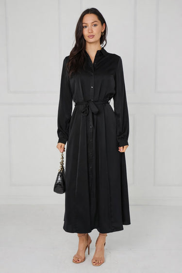 Black Velvety Satin Maxi Shirt Dress