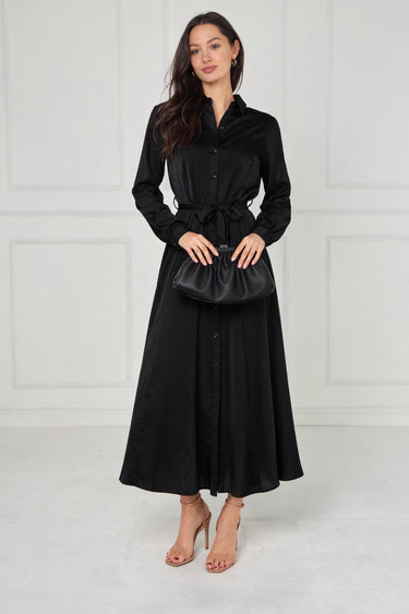 Black Velvety Satin Maxi Shirt Dress
