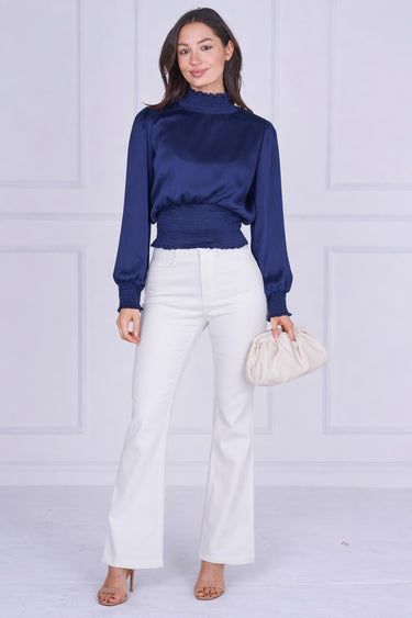 Navy Creased Satin Shirred Waist Top