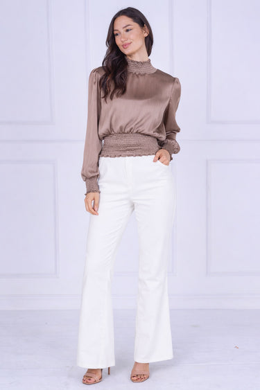 Mocha Creased Satin Shirred Waist Top