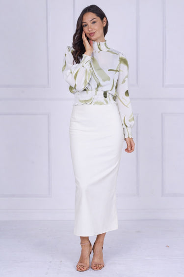 Sage Brushstroke Smocked High Neck Blouse