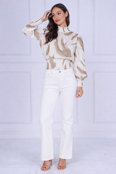 Sand Brushstroke Smocked High Neck Blouse