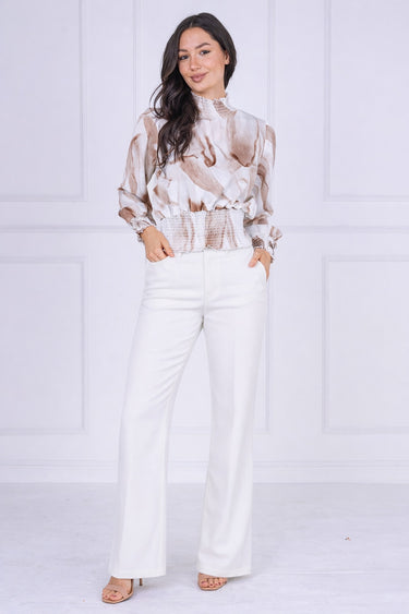 Sand Abstract Print Shirred Waist Top