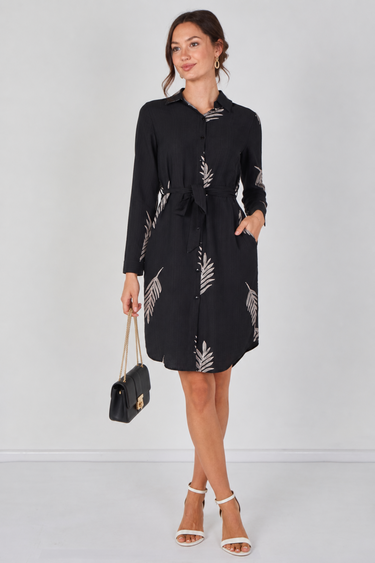Love Sunshine Black Botanical Leaf Print Belted Shirt Dress Brunch Dress Casual Dress Dress with Pockets Dresses Everyday Dress Long Sleeve Dress LS-5026 Workwear Dress