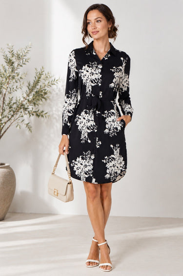 Love Sunshine Black Ivory Bouquet Print Belted Shirt Dress Brunch Dress Casual Dress Dress with Pockets Dresses Everyday Dress Long Sleeve Dress LS-5026 Workwear Dress