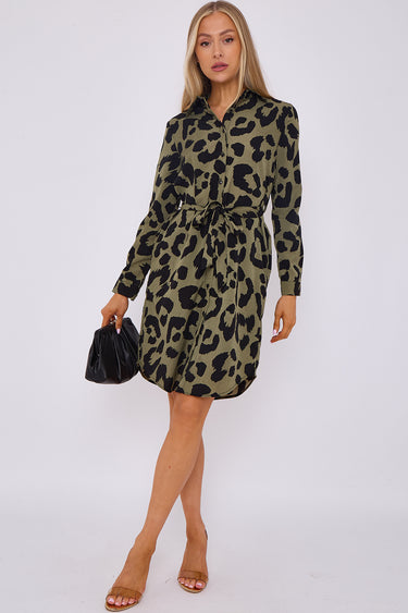 Khaki Leopard Print Mini Shirt Dress
