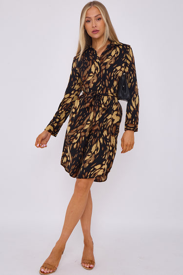 Black Leopard Print Belted Mini Shirt Dress