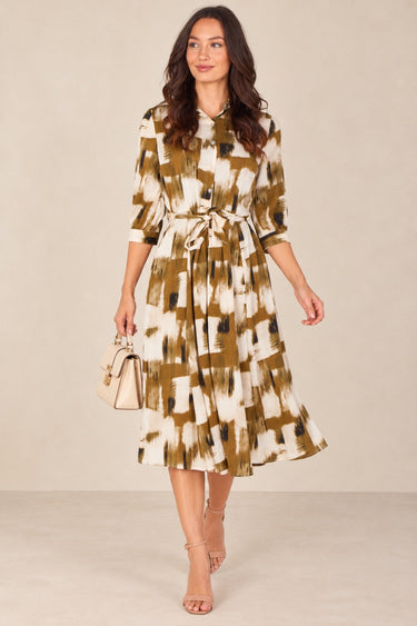Love Sunshine Ochre Brown Abstract Brushstroke Belted Midi Shirt Dress Brunch Dress Casual Dress Dress with Pockets Dresses Everyday Dress LS-2045 Workwear Dress